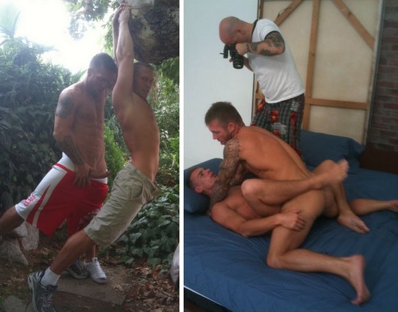 muscle gay porn star Bo Dean and David Dakota behind the porn shoot Cocksure Men Jake Cruise