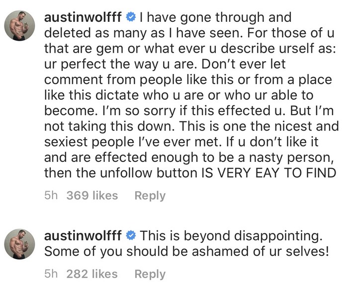 Austin Wolf Response Nasty Comments Instagram