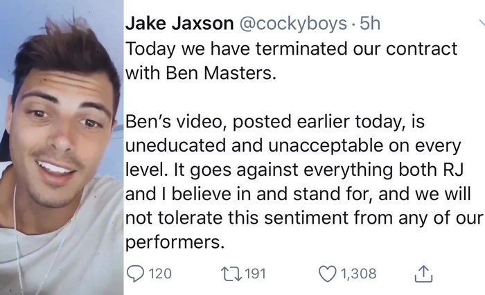 Ben Masters CockyBoys Terminate Contract After Racist Video