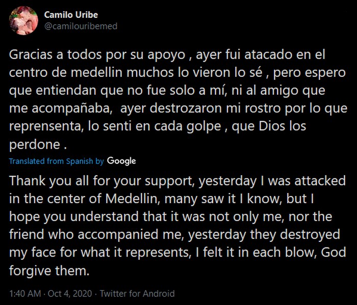 Camilo Uribe Gay Porn Star Homophobic Attack Victim Medellin Tweet