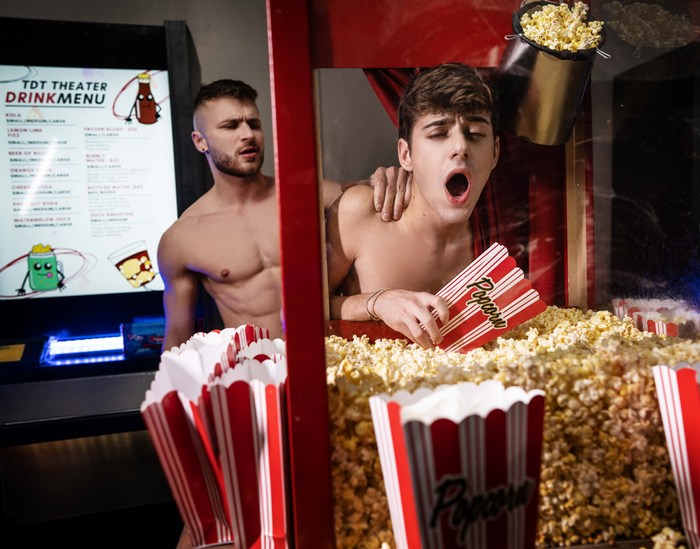 Devy Gay Porn Joey Mills Public Sex Movie Theater Concessions Buttering His Popcorn Part 2